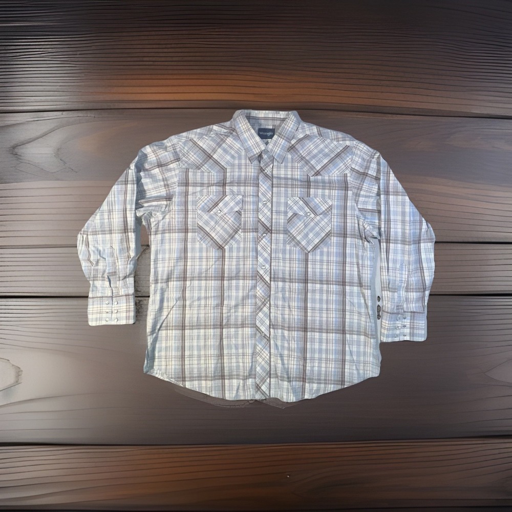 Wrangler Wrancher Shirt Mens 2X Blue Plaid Pearl Snap Chest Pockets Western‎ - Picture 1 of 9